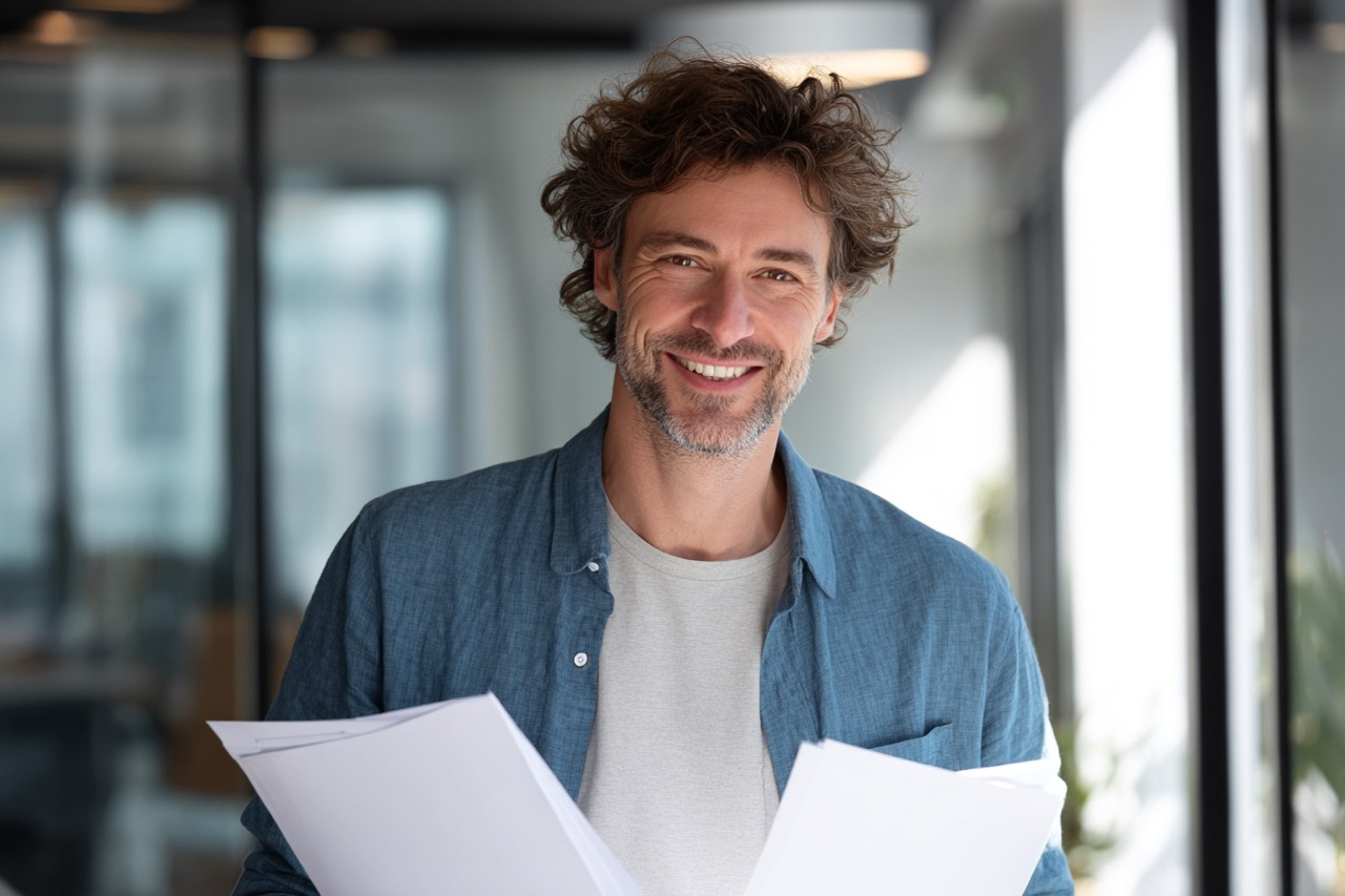 Zadowolony przedsiębiorca po założeniu własnej firmy - sukces w biznesie